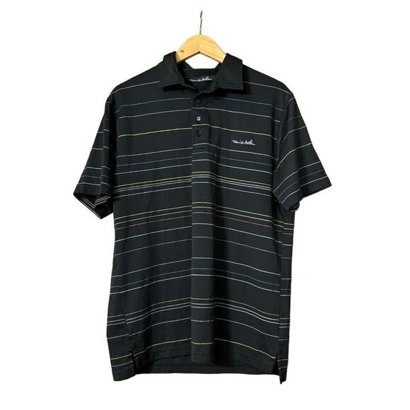 Travis Mathew Polo Shirt Mens large Black Striped Pima cotton Performance Golfer - Picture 1 of 12